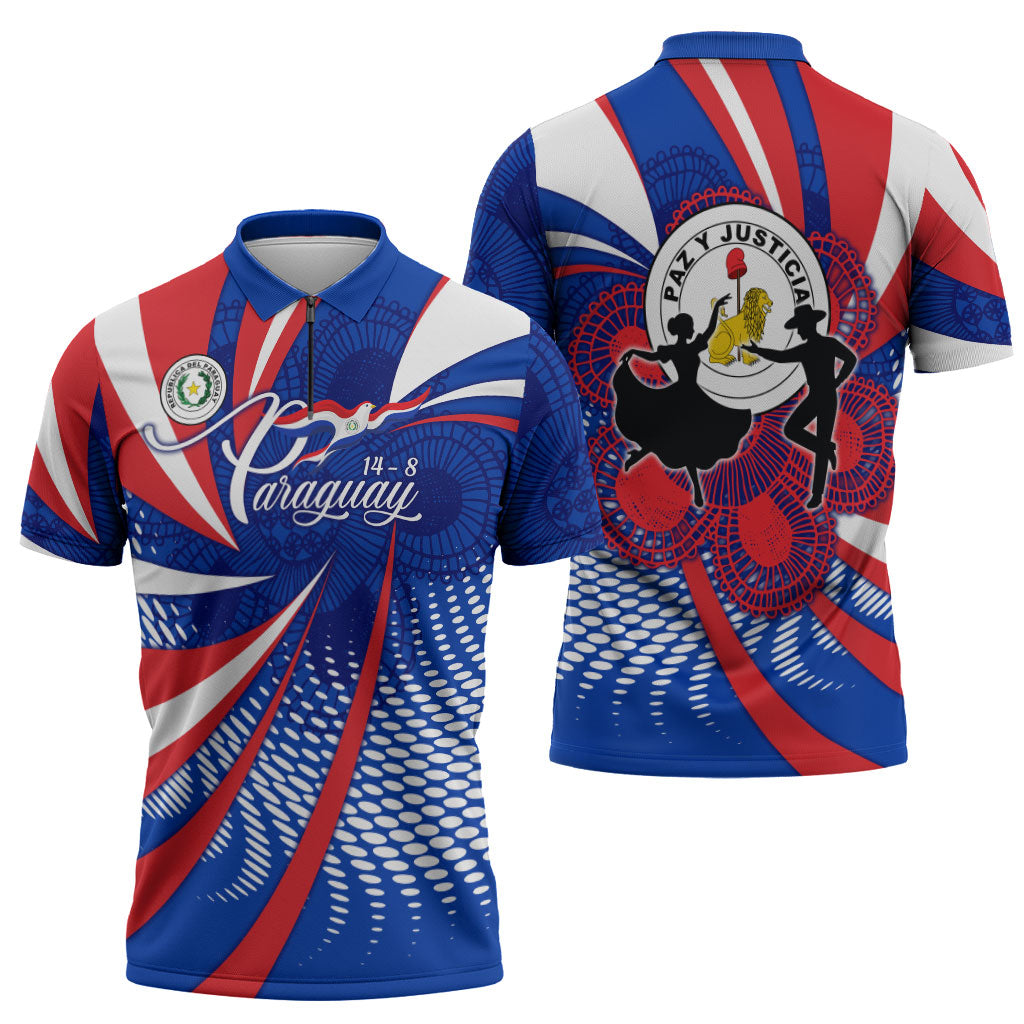 Paraguay Flag Day Zipper Polo Shirt Patriotic Sunburst Traditional Ñandutí Lace
