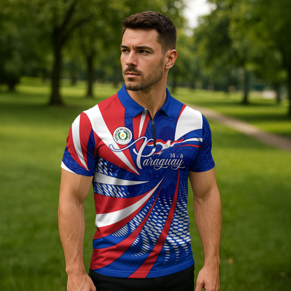 Paraguay Flag Day Zipper Polo Shirt Patriotic Sunburst Traditional Ñandutí Lace