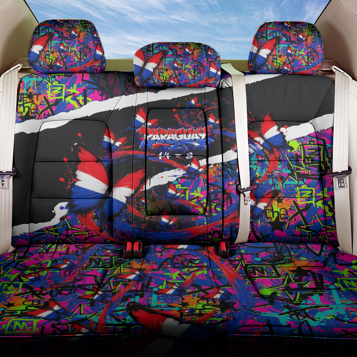Paraguay Flag Day Back Car Seat Cover Colorful Graffiti Map Butterflies