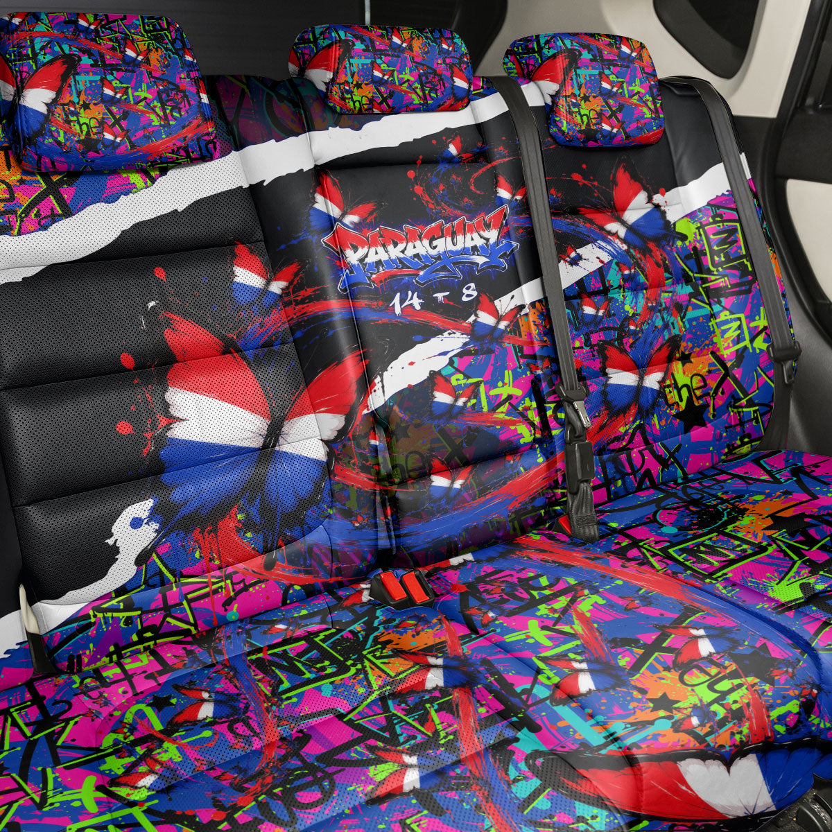 Paraguay Flag Day Back Car Seat Cover Colorful Graffiti Map Butterflies