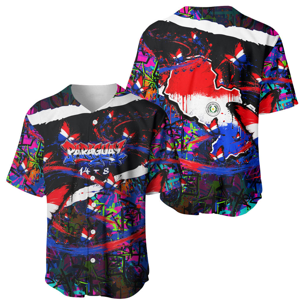 Paraguay Flag Day Baseball Jersey Colorful Graffiti Map Butterflies