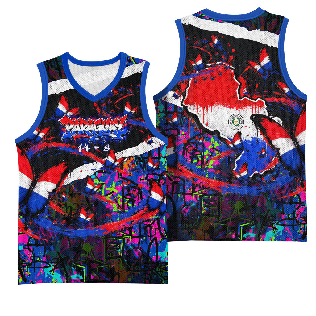 Paraguay Flag Day Basketball Jersey Colorful Graffiti Map Butterflies