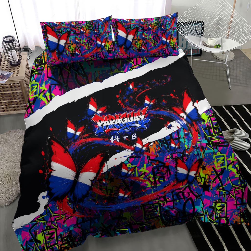 Paraguay Flag Day Bedding Set Colorful Graffiti Map Butterflies