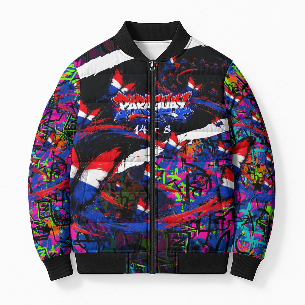 Paraguay Flag Day Bomber Puffer Jacket Colorful Graffiti Map Butterflies