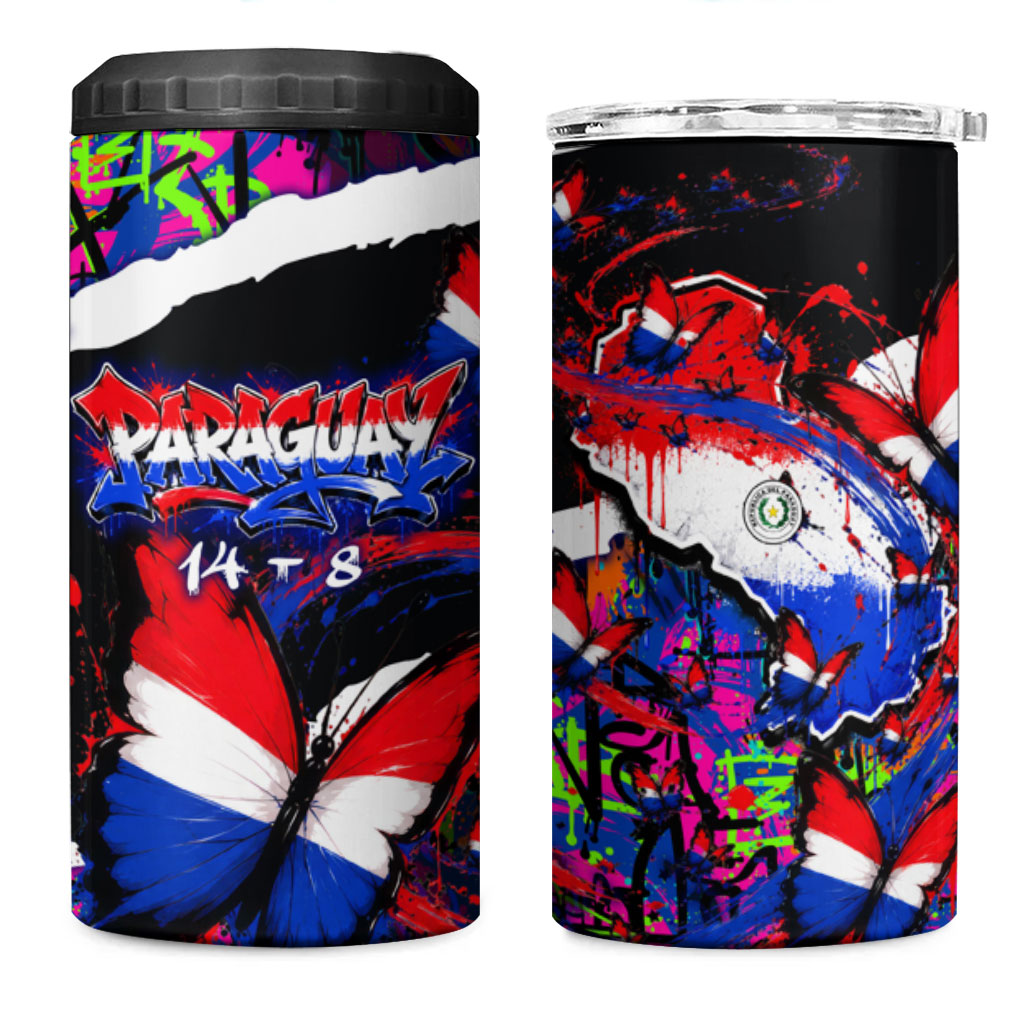 Paraguay Flag Day 4 in 1 Can Cooler Tumbler Colorful Graffiti Map Butterflies