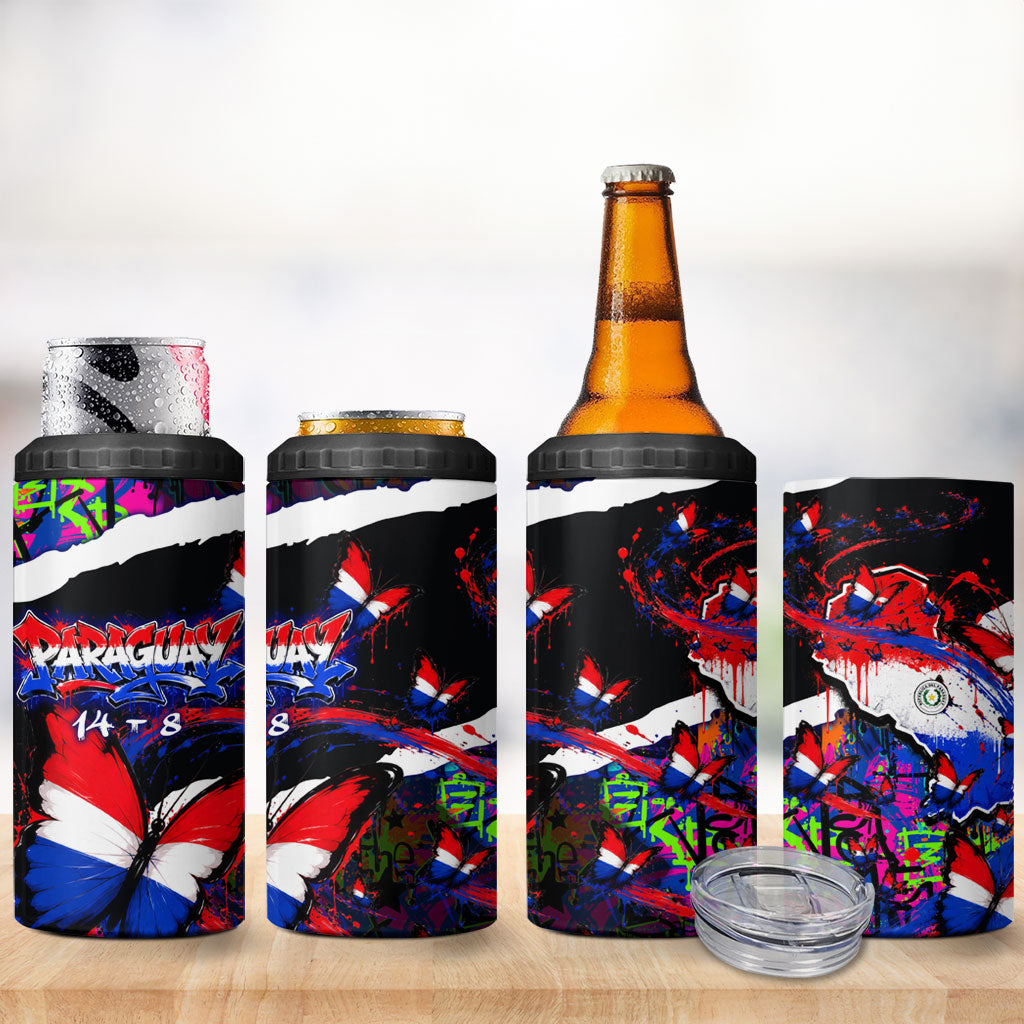 Paraguay Flag Day 4 in 1 Can Cooler Tumbler Colorful Graffiti Map Butterflies