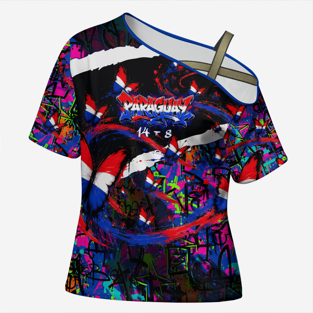 Paraguay Flag Day Cross Shoulder Shirt Colorful Graffiti Map Butterflies
