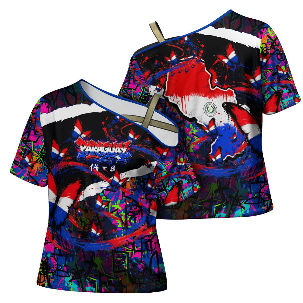 Paraguay Flag Day Cross Shoulder Shirt Colorful Graffiti Map Butterflies