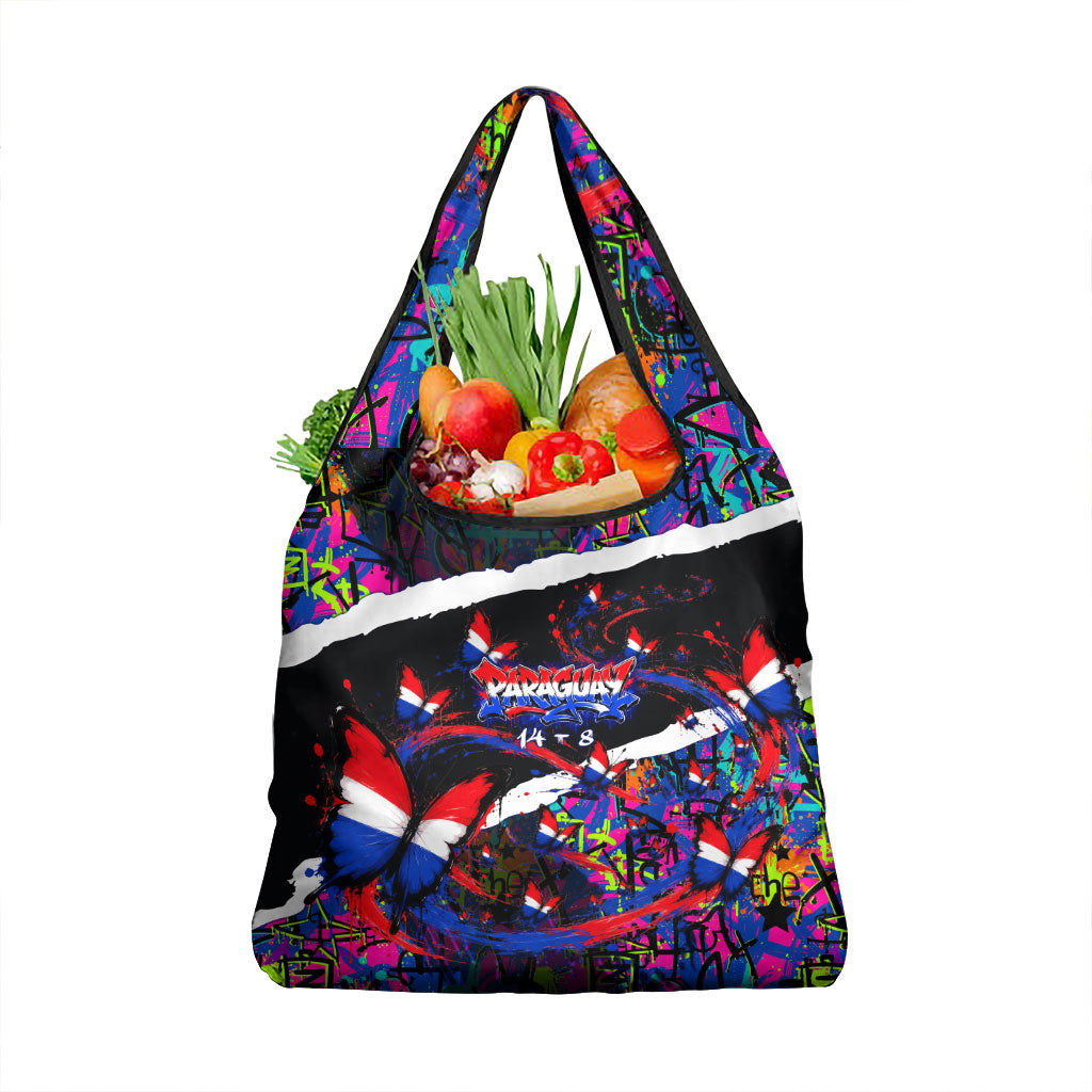 Paraguay Flag Day Grocery Bag Colorful Graffiti Map Butterflies