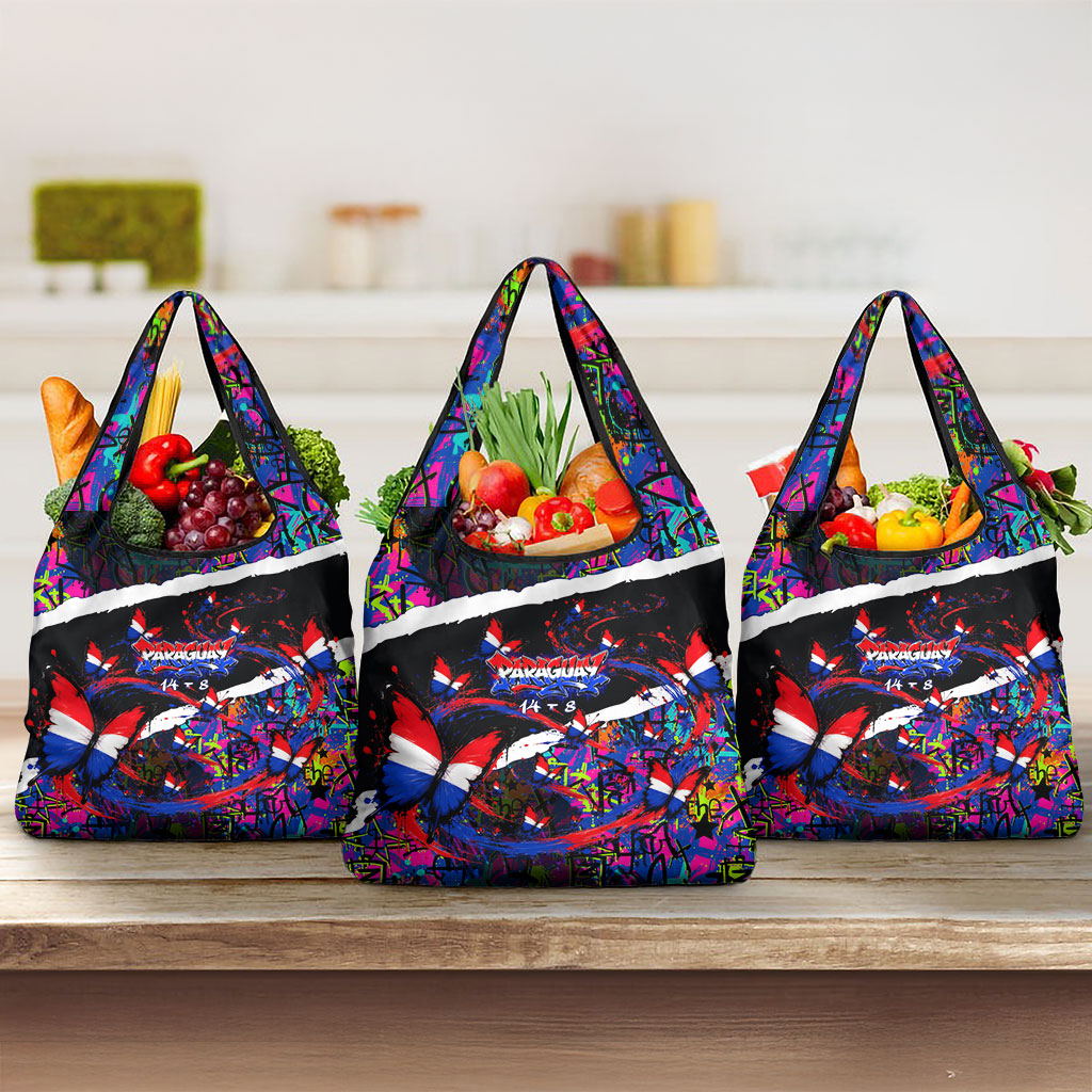 Paraguay Flag Day Grocery Bag Colorful Graffiti Map Butterflies