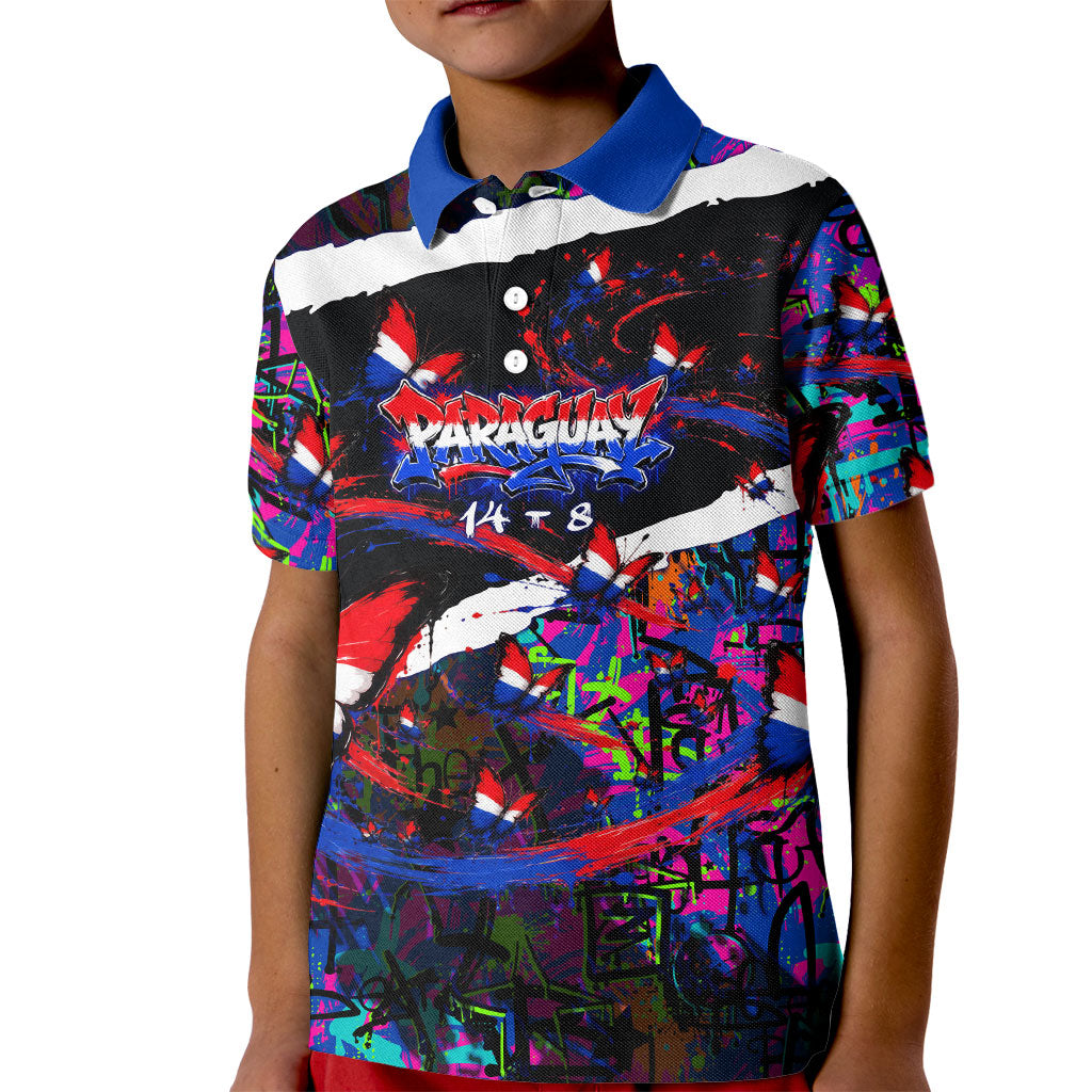 Paraguay Flag Day Kid Polo Shirt Colorful Graffiti Map Butterflies