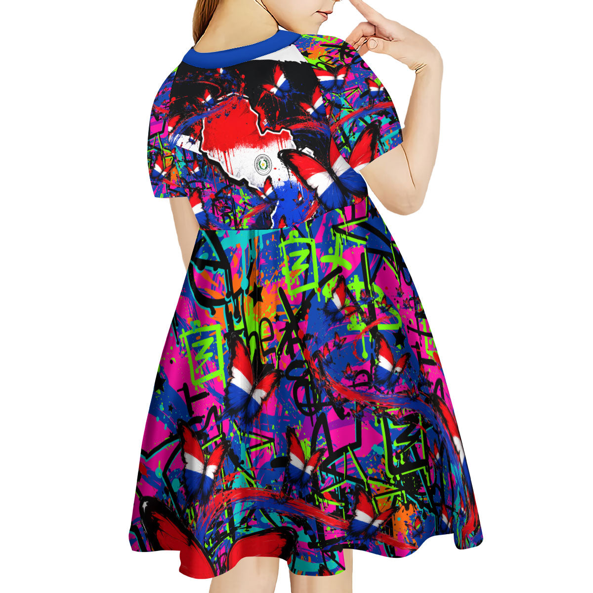 Paraguay Flag Day Kid Short Sleeve Dress Colorful Graffiti Map Butterflies