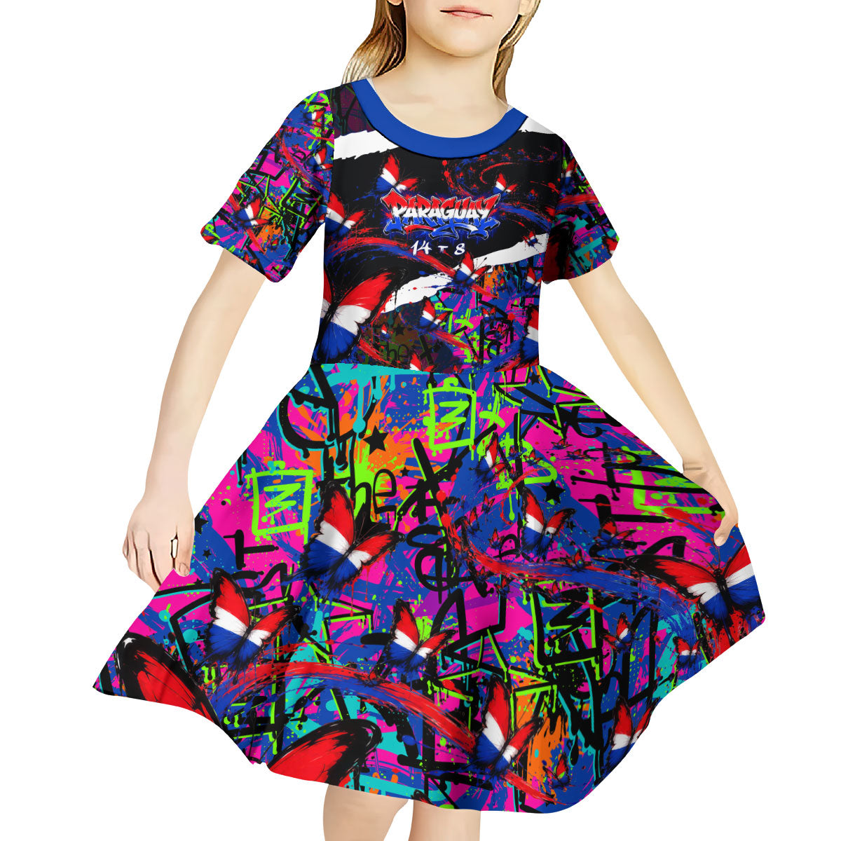 Paraguay Flag Day Kid Short Sleeve Dress Colorful Graffiti Map Butterflies