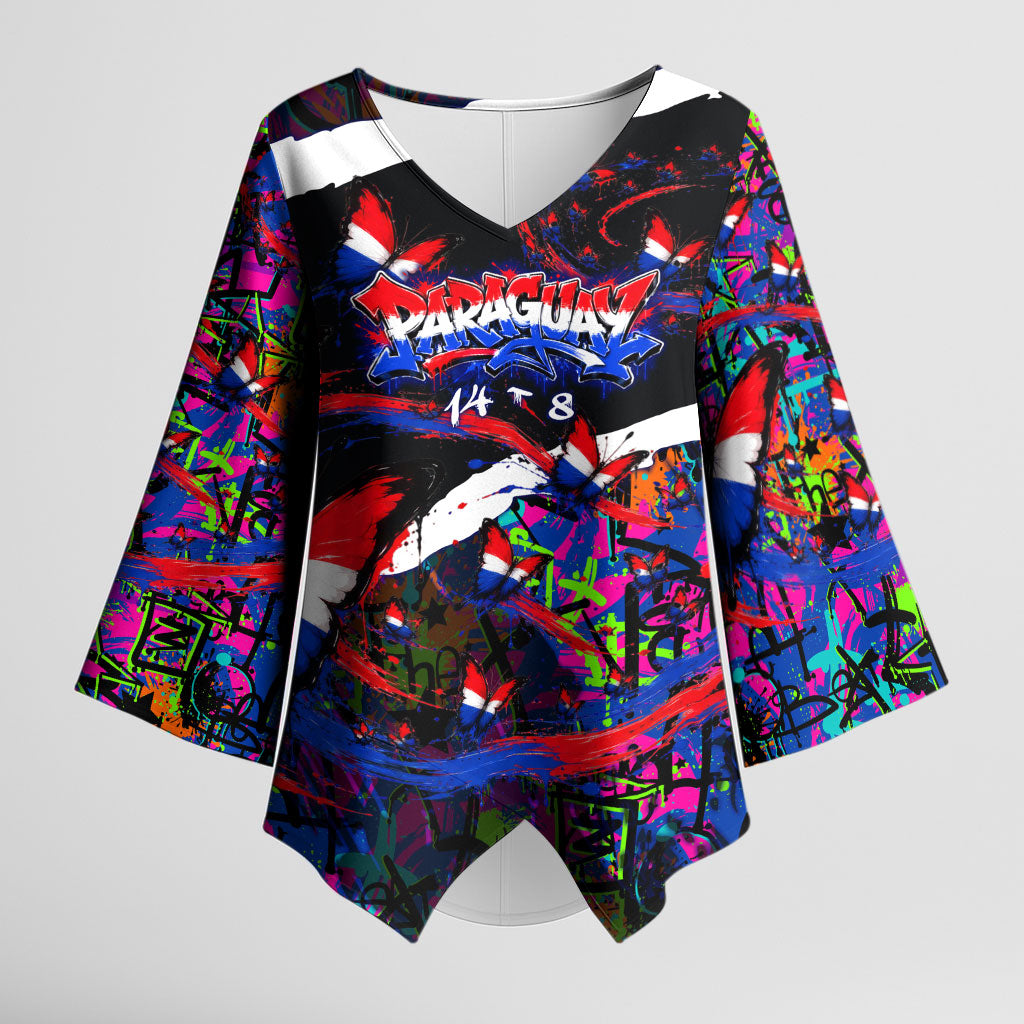 Paraguay Flag Day Kimono Sleeve Blouse Colorful Graffiti Map Butterflies