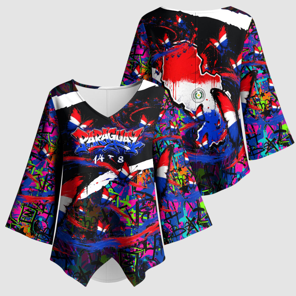 Paraguay Flag Day Kimono Sleeve Blouse Colorful Graffiti Map Butterflies