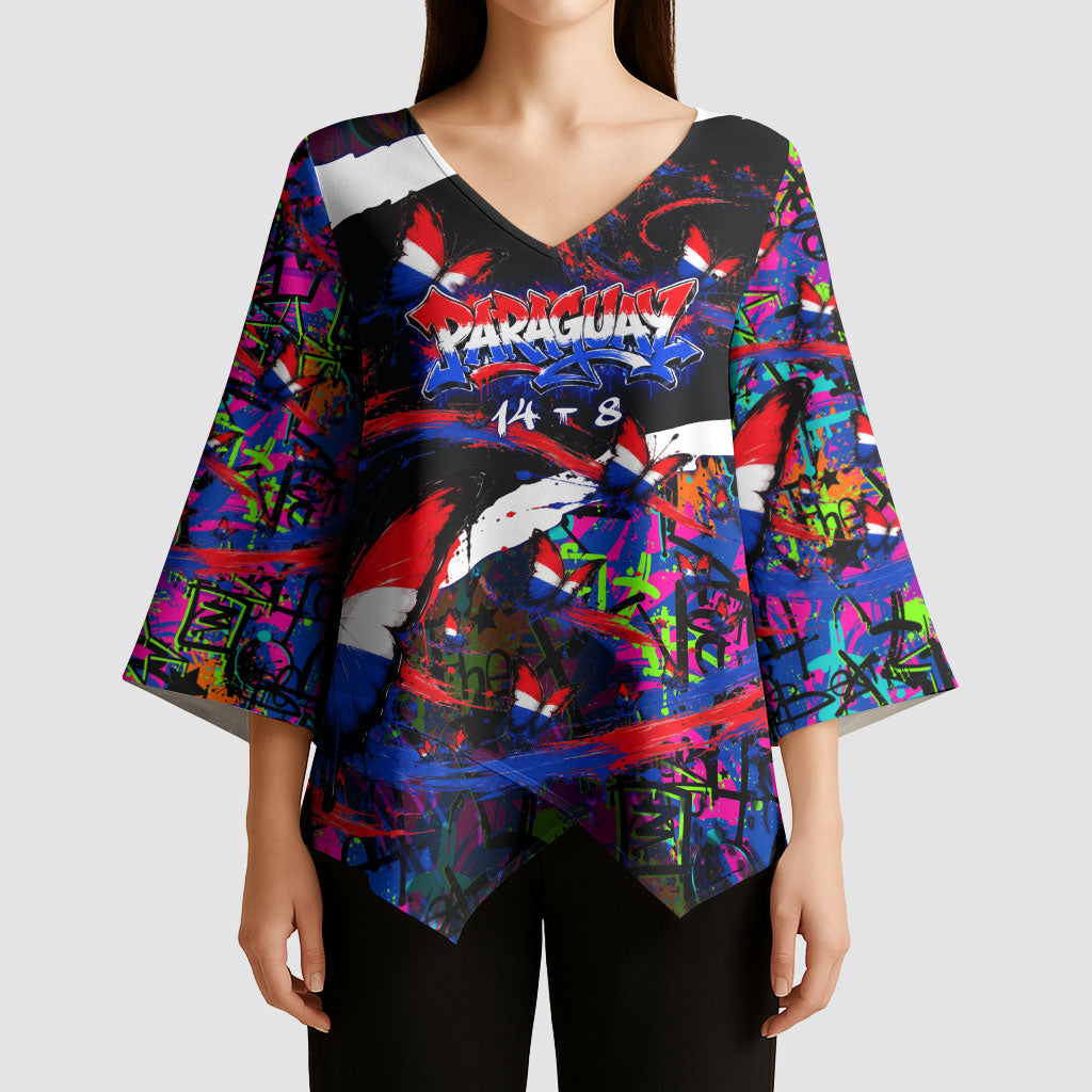 Paraguay Flag Day Kimono Sleeve Blouse Colorful Graffiti Map Butterflies