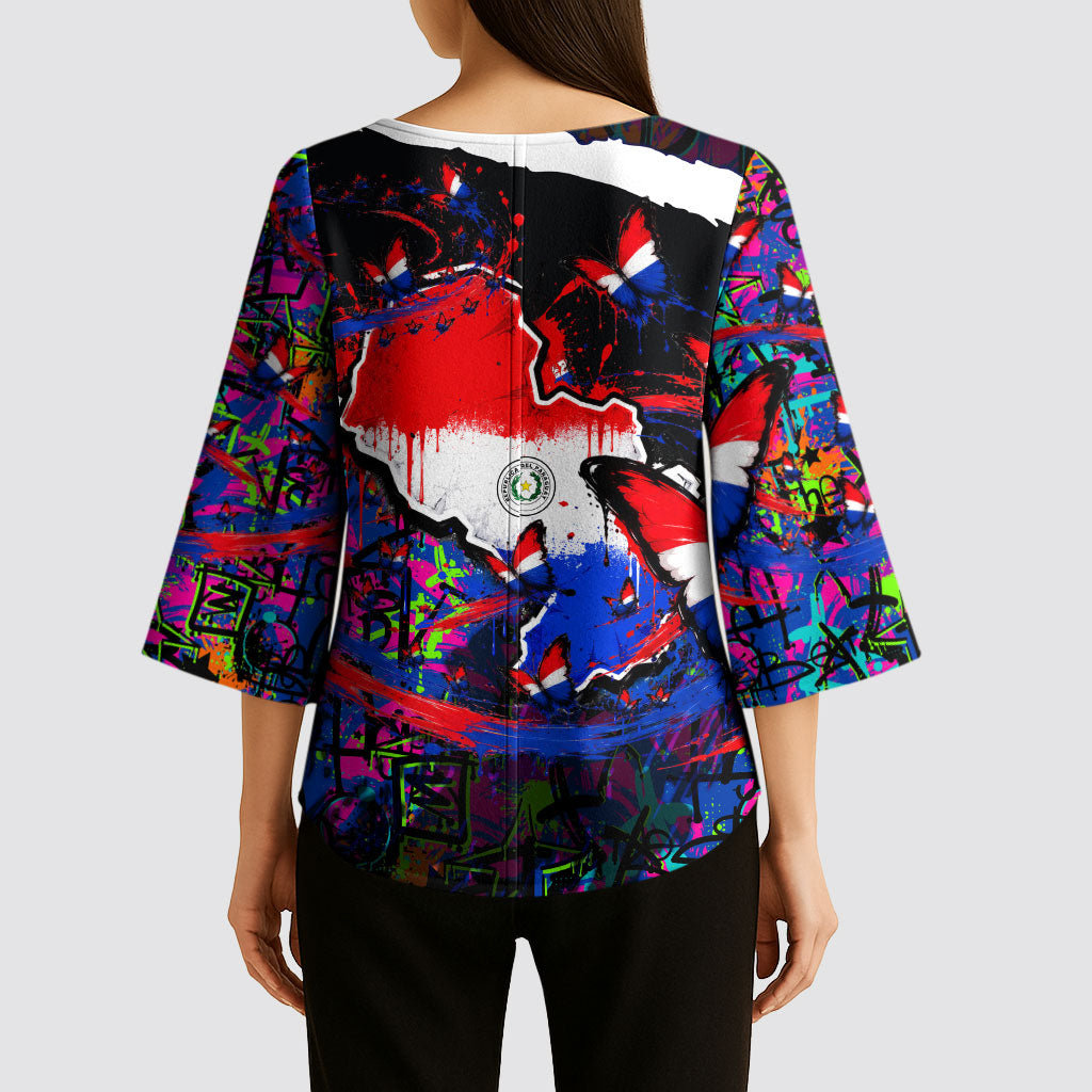 Paraguay Flag Day Kimono Sleeve Blouse Colorful Graffiti Map Butterflies
