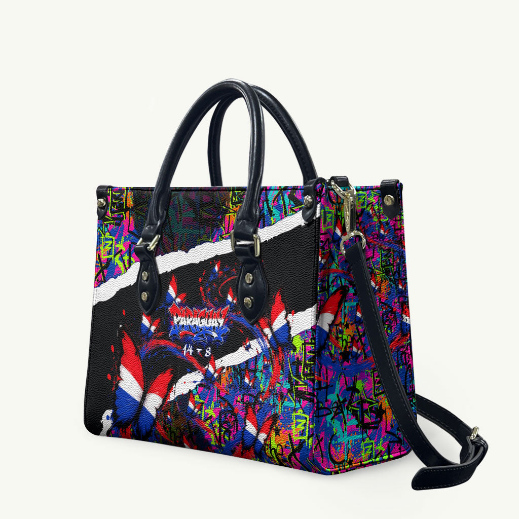 Paraguay Flag Day Leather Bag Colorful Graffiti Map Butterflies