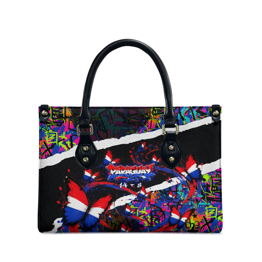 Paraguay Flag Day Leather Bag Colorful Graffiti Map Butterflies