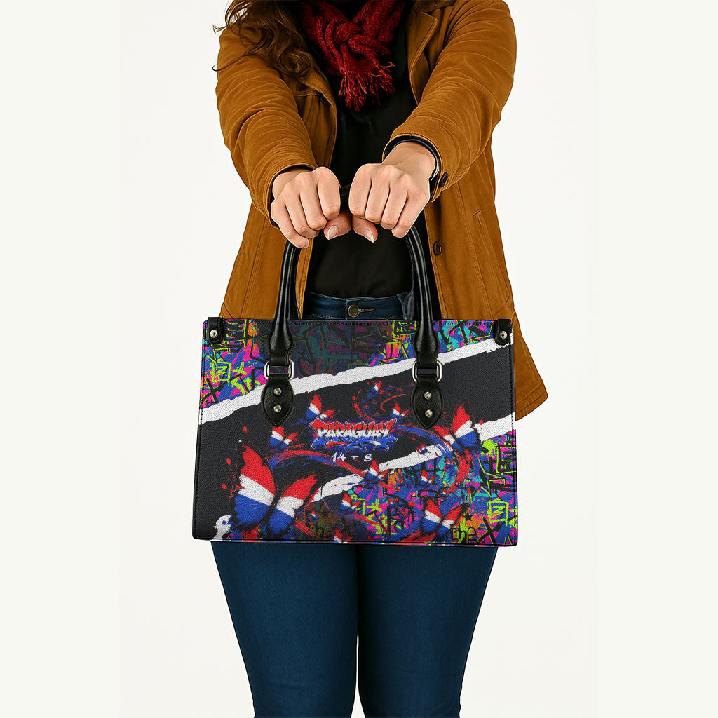 Paraguay Flag Day Leather Bag Colorful Graffiti Map Butterflies