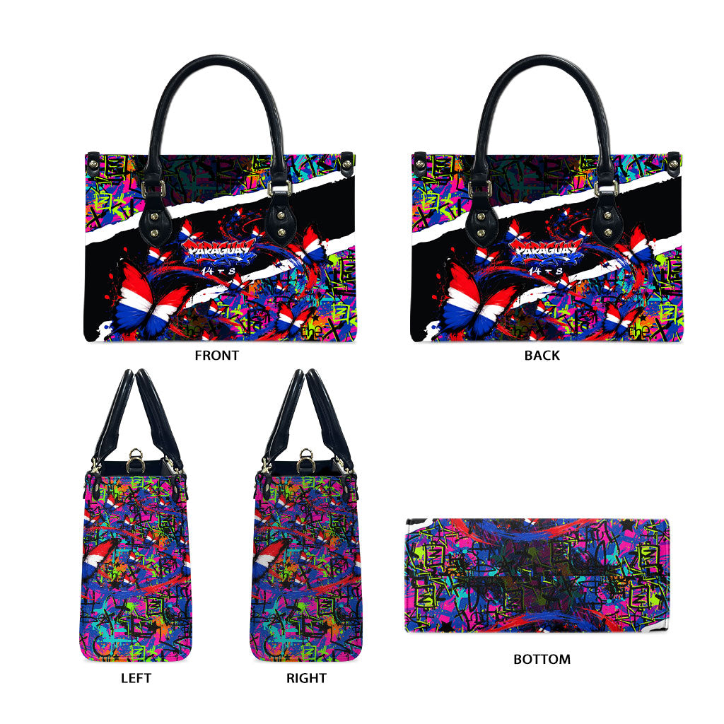 Paraguay Flag Day Leather Bag Colorful Graffiti Map Butterflies