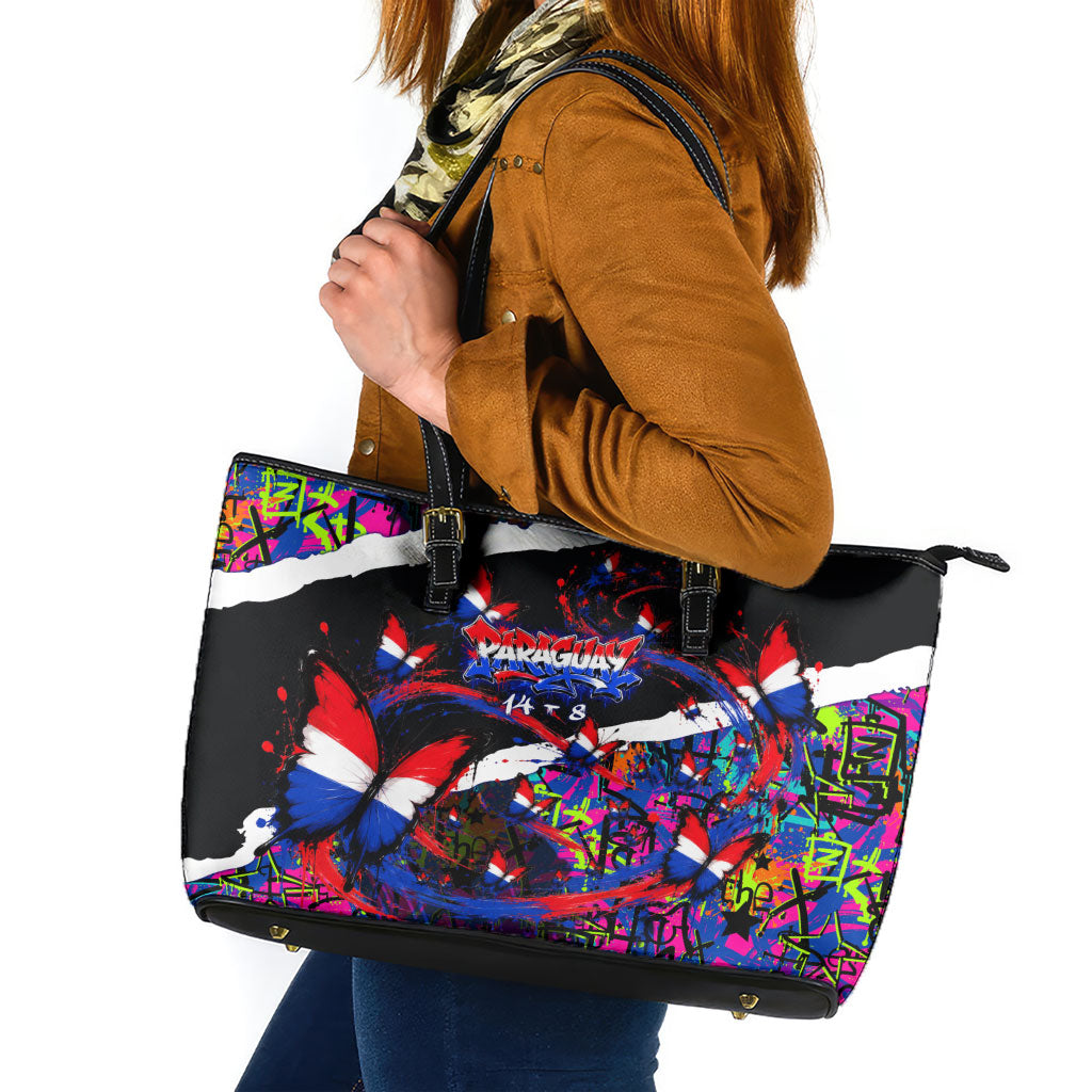 Paraguay Flag Day Leather Tote Bag Colorful Graffiti Map Butterflies