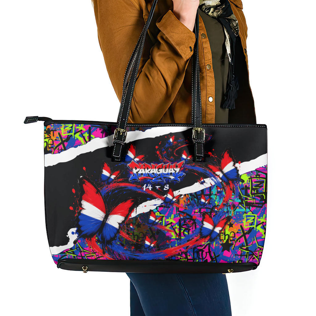 Paraguay Flag Day Leather Tote Bag Colorful Graffiti Map Butterflies