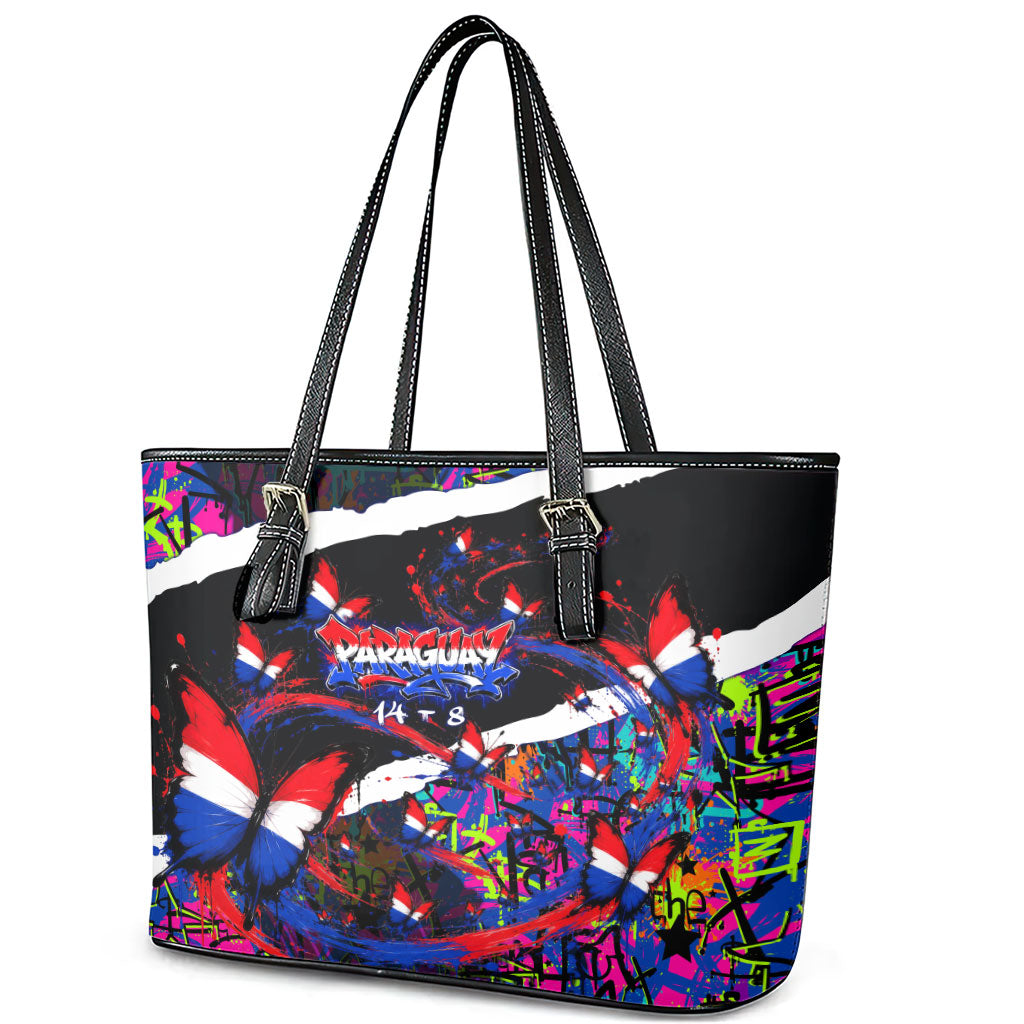 Paraguay Flag Day Leather Tote Bag Colorful Graffiti Map Butterflies