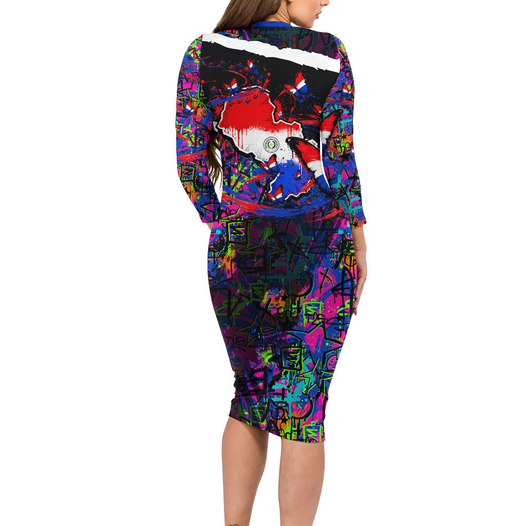 Paraguay Flag Day Long Sleeve Bodycon Dress Colorful Graffiti Map Butterflies