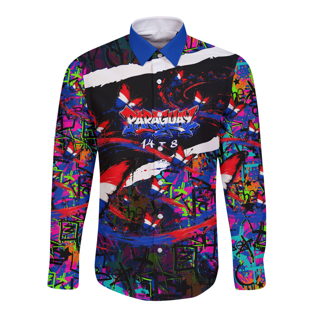Paraguay Flag Day Long Sleeve Button Shirt Colorful Graffiti Map Butterflies