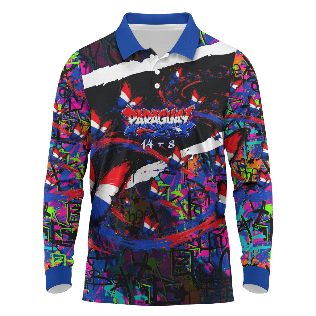 Paraguay Flag Day Long Sleeve Polo Shirt Colorful Graffiti Map Butterflies
