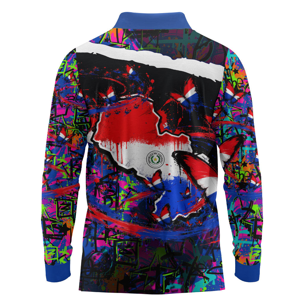 Paraguay Flag Day Long Sleeve Polo Shirt Colorful Graffiti Map Butterflies