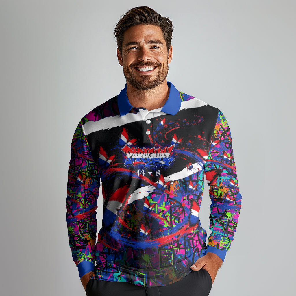 Paraguay Flag Day Long Sleeve Polo Shirt Colorful Graffiti Map Butterflies