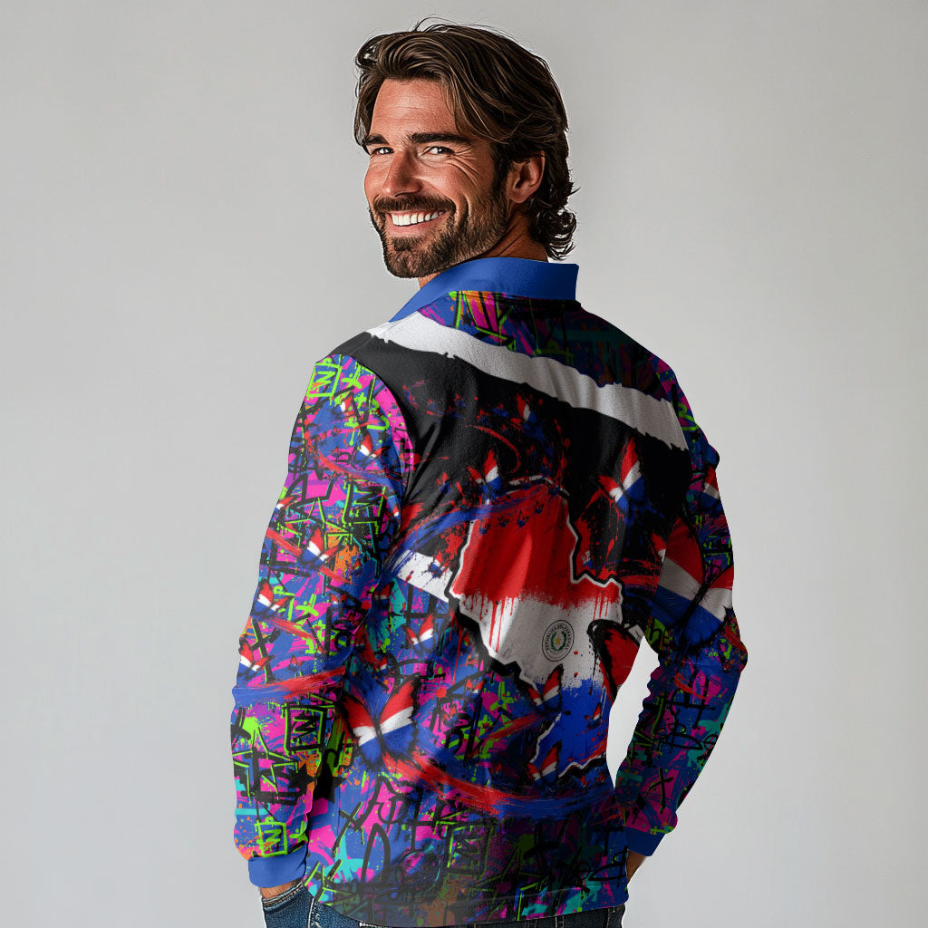 Paraguay Flag Day Long Sleeve Polo Shirt Colorful Graffiti Map Butterflies