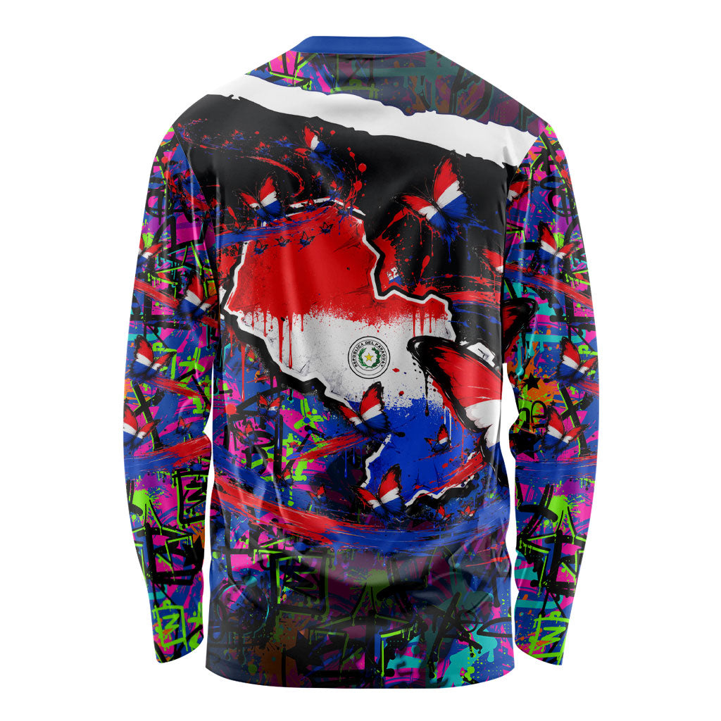 Paraguay Flag Day Long Sleeve Shirt Colorful Graffiti Map Butterflies