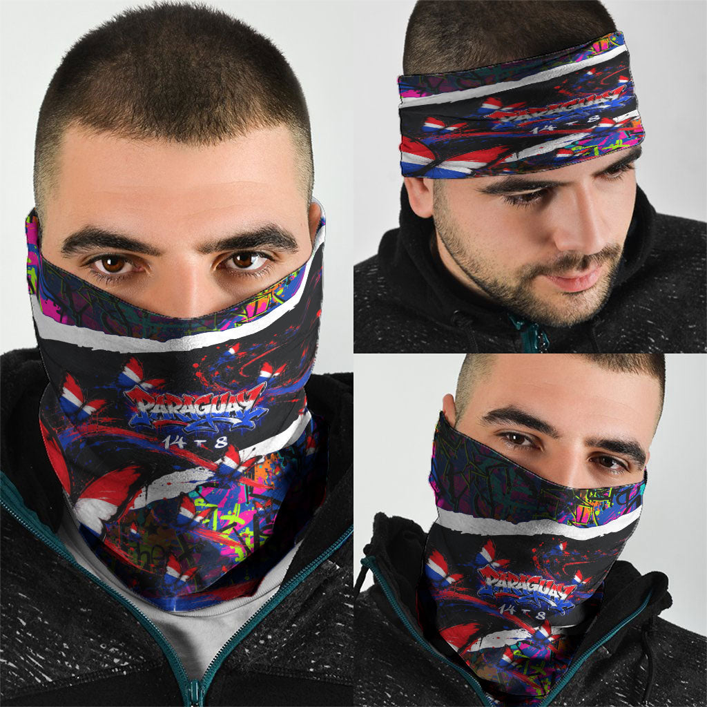 Paraguay Flag Day Neck Gaiter Colorful Graffiti Map Butterflies