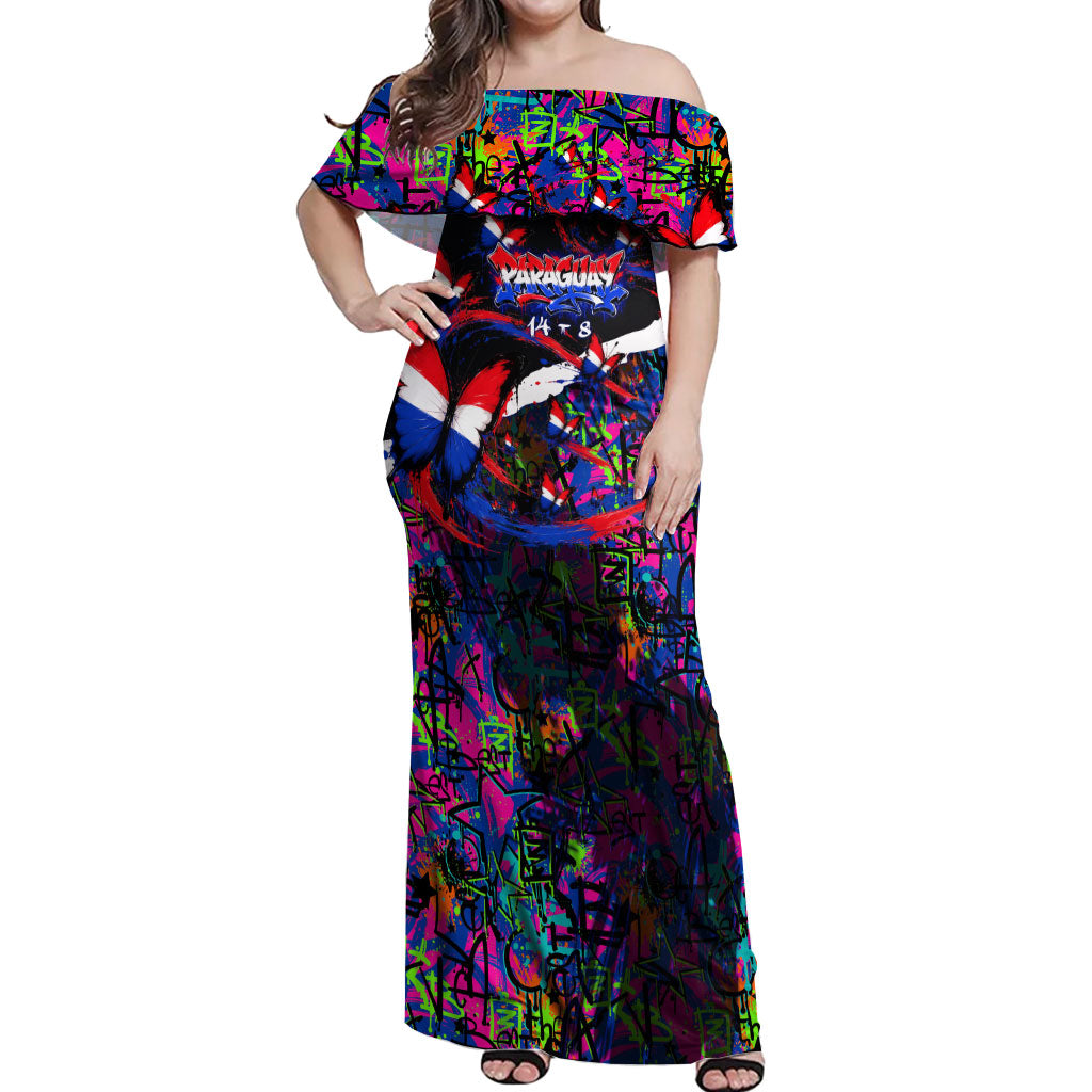 Paraguay Flag Day Off Shoulder Maxi Dress Colorful Graffiti Map Butterflies