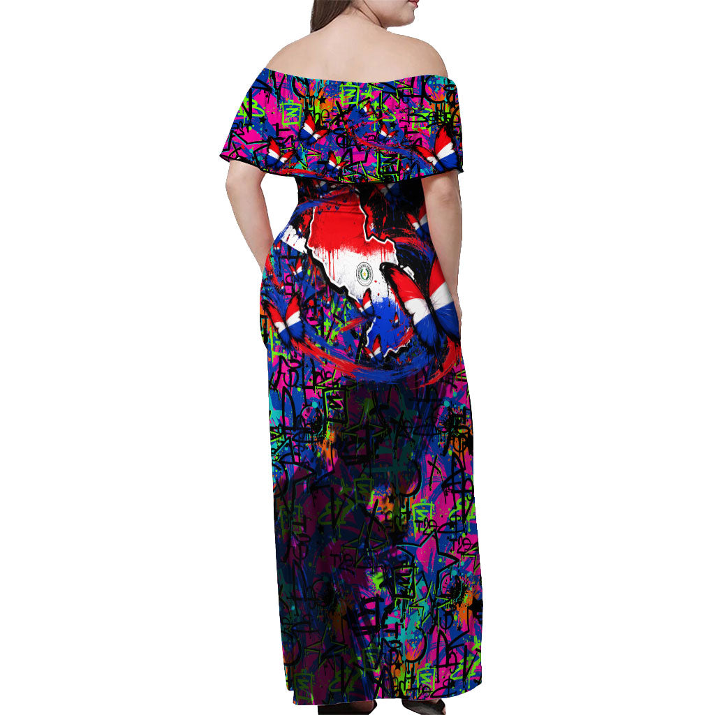 Paraguay Flag Day Off Shoulder Maxi Dress Colorful Graffiti Map Butterflies