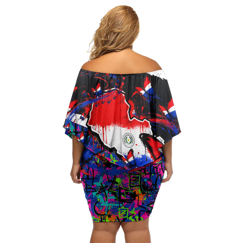 Paraguay Flag Day Off Shoulder Short Dress Colorful Graffiti Map Butterflies