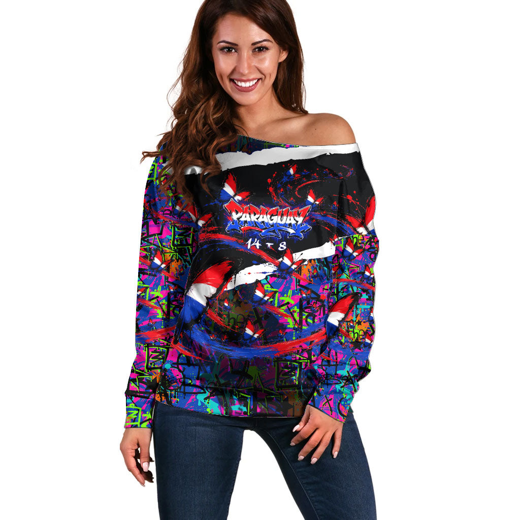 Paraguay Flag Day Off Shoulder Sweater Colorful Graffiti Map Butterflies