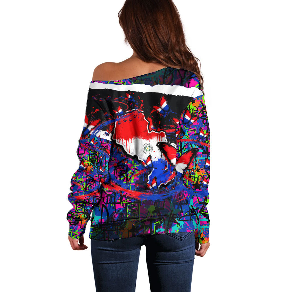 Paraguay Flag Day Off Shoulder Sweater Colorful Graffiti Map Butterflies
