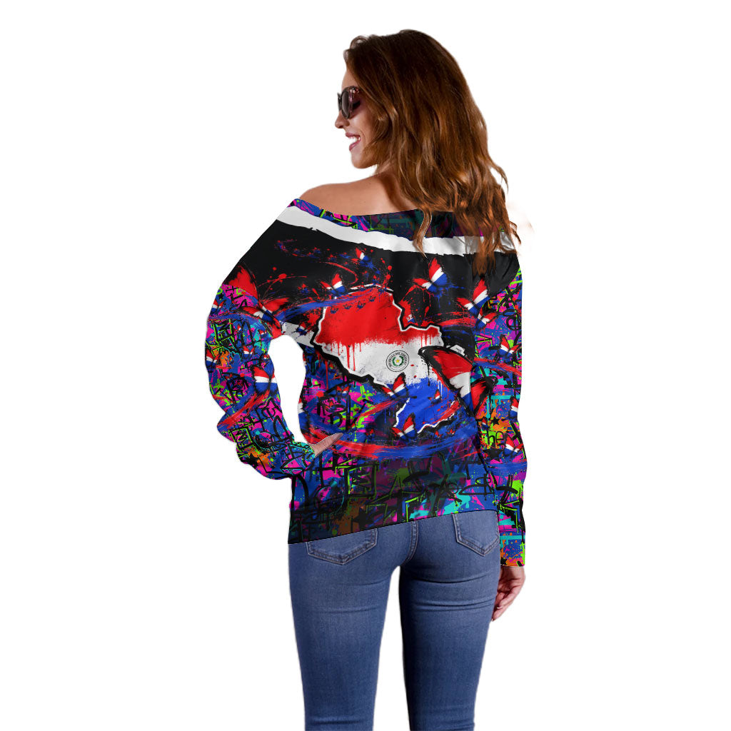 Paraguay Flag Day Off Shoulder Sweater Colorful Graffiti Map Butterflies