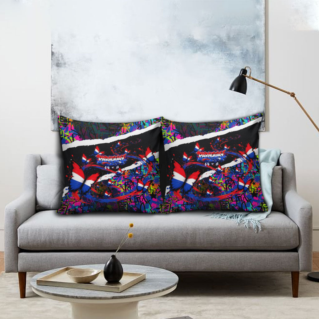 Paraguay Flag Day Pillow Cover Colorful Graffiti Map Butterflies