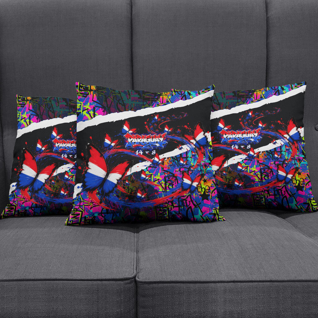 Paraguay Flag Day Pillow Cover Colorful Graffiti Map Butterflies