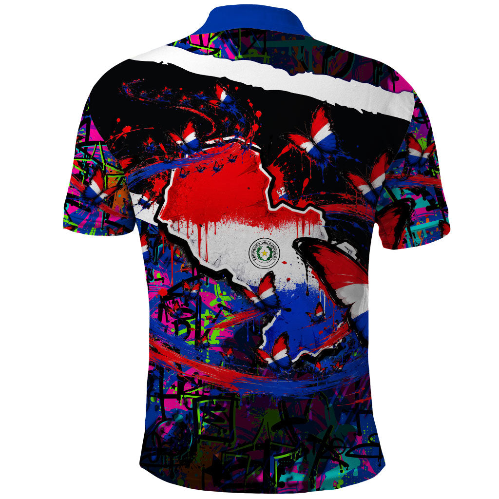 Paraguay Flag Day Polo Shirt Colorful Graffiti Map Butterflies