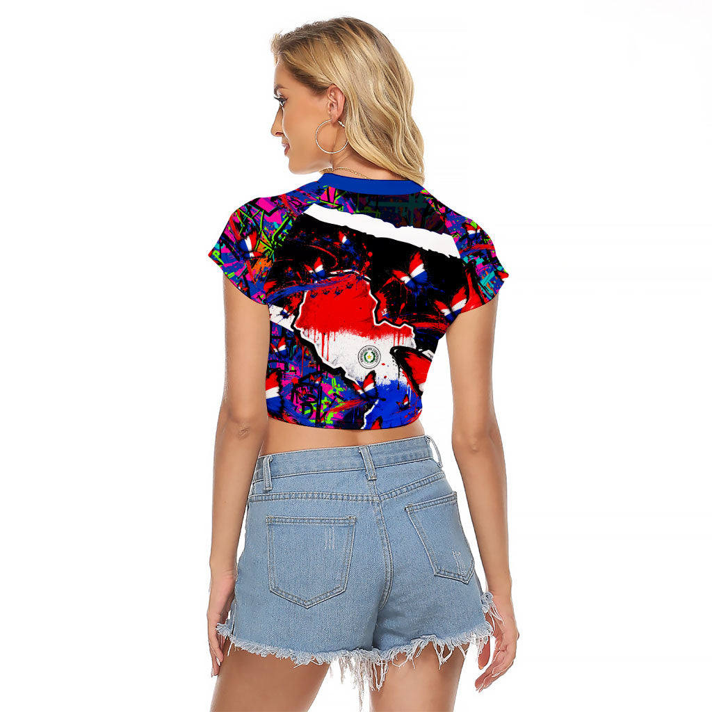 Paraguay Flag Day Raglan Cropped T Shirt Colorful Graffiti Map Butterflies