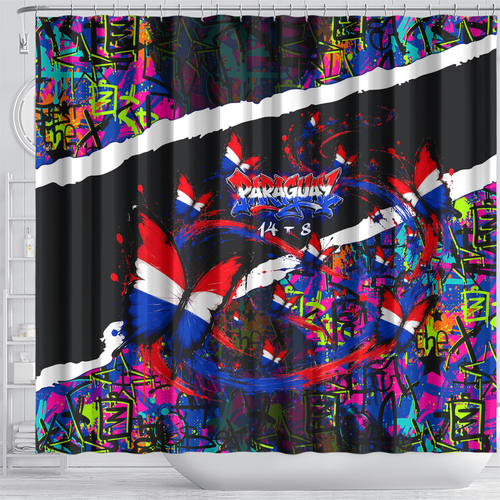 Paraguay Flag Day Shower Curtain Colorful Graffiti Map Butterflies