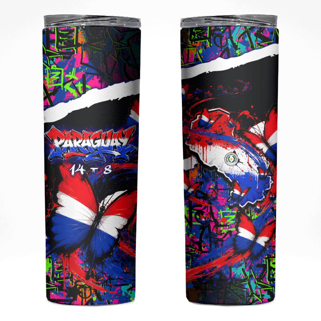 Paraguay Flag Day Skinny Tumbler Colorful Graffiti Map Butterflies