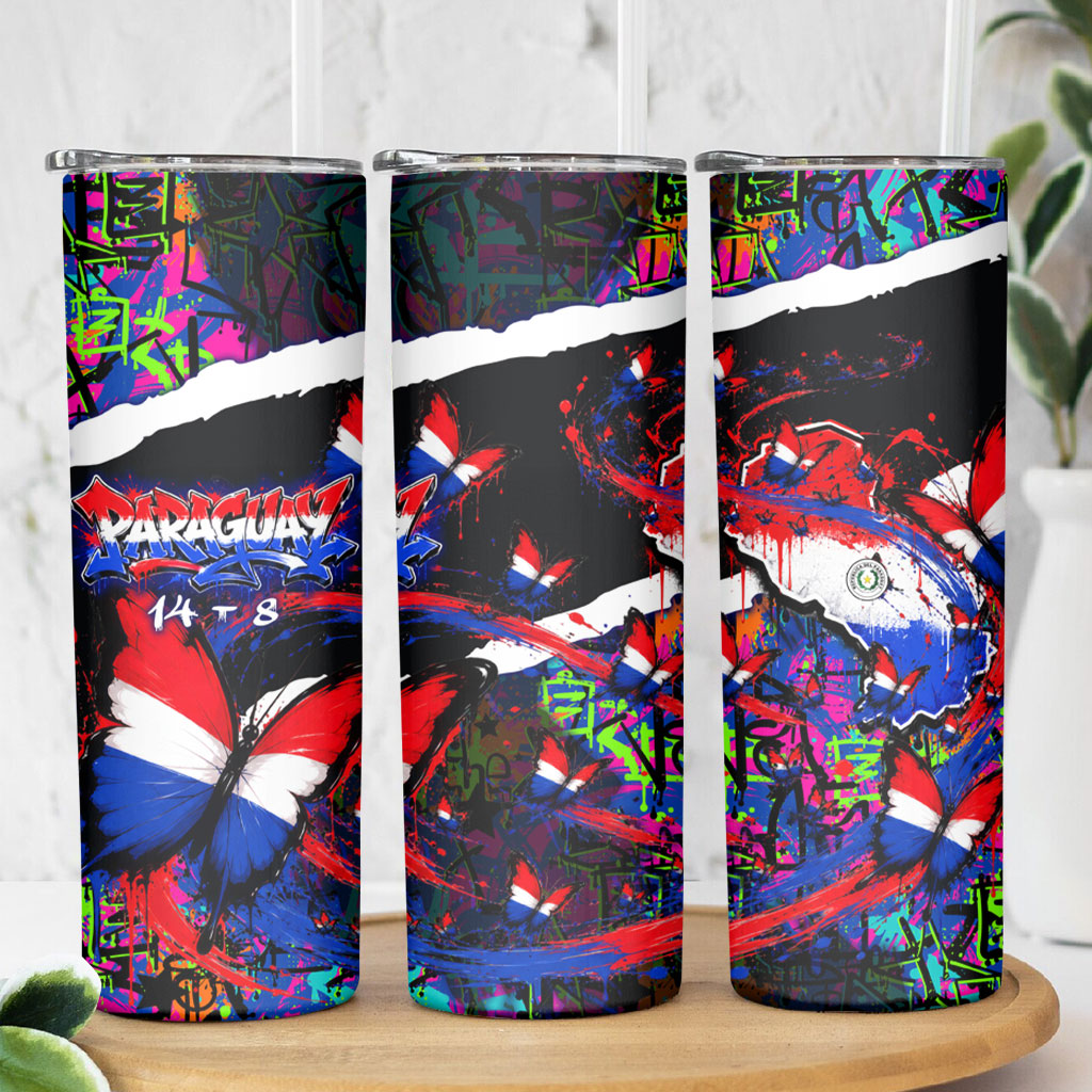 Paraguay Flag Day Skinny Tumbler Colorful Graffiti Map Butterflies