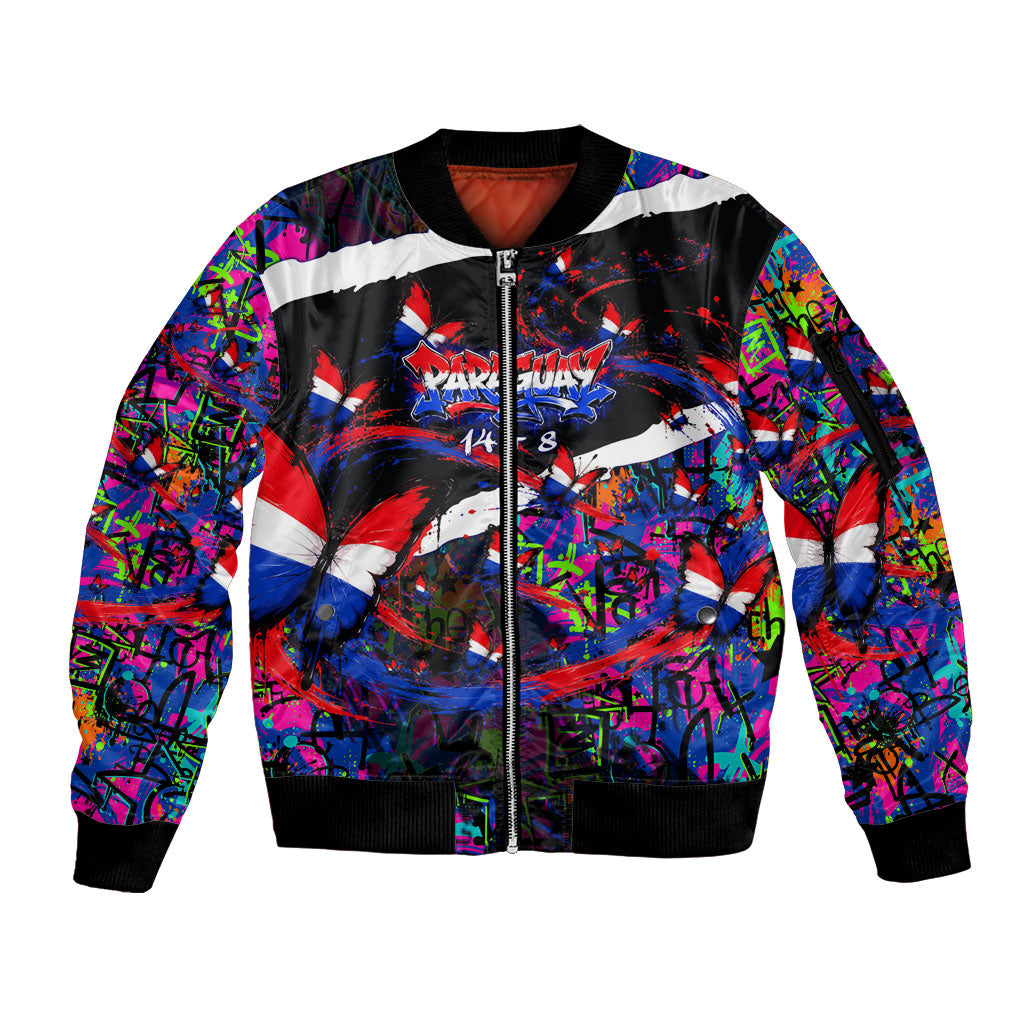 Paraguay Flag Day Sleeve Zip Bomber Jacket Colorful Graffiti Map Butterflies